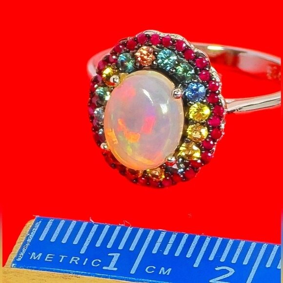 925 Sterling Silver Ring Sz 6.75 with Natural White Opal 10x7mm & Sapphire Gem - Picture 6 of 9
